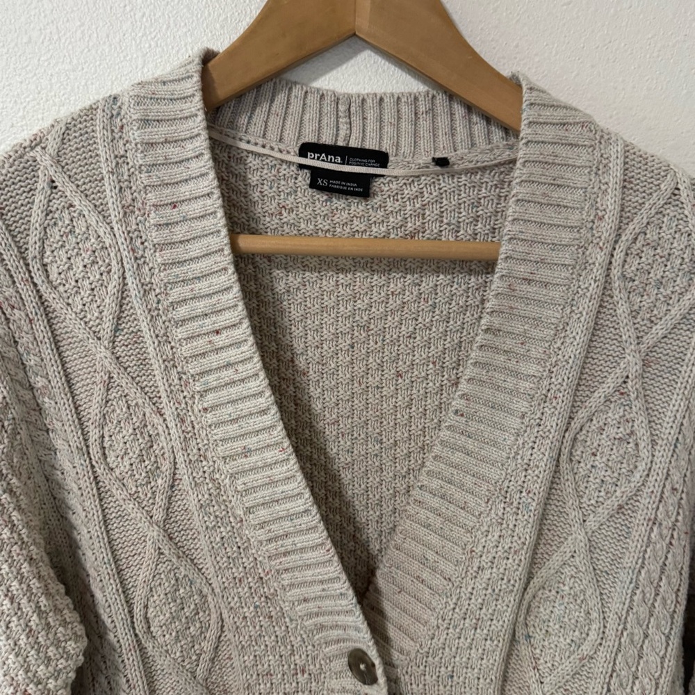 Prana Sangria Fields Cable Knit Button Cardigan Canvas Confetti Wool Blend-XS - Picture 4 of 11